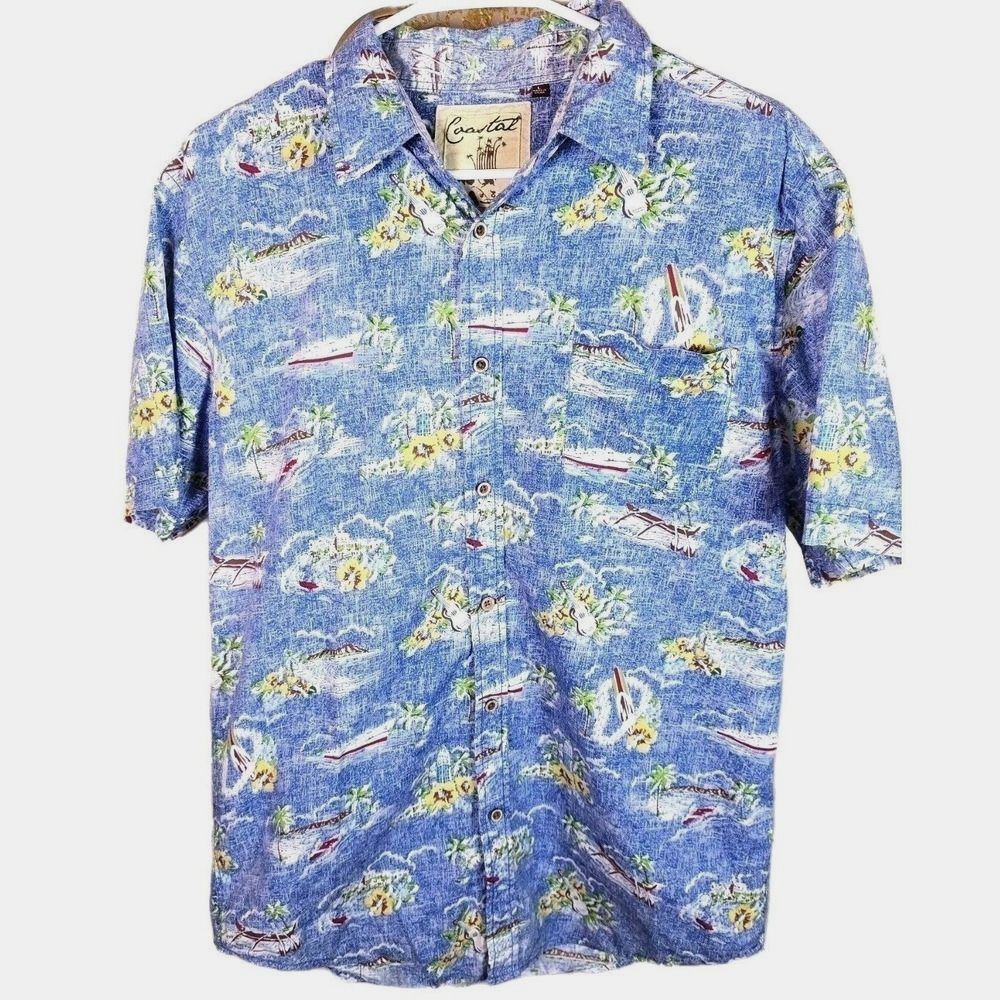 Coastal Huntington Beach Hawaiian Shirt Mens Large Blue Tropical Aloha Tower L